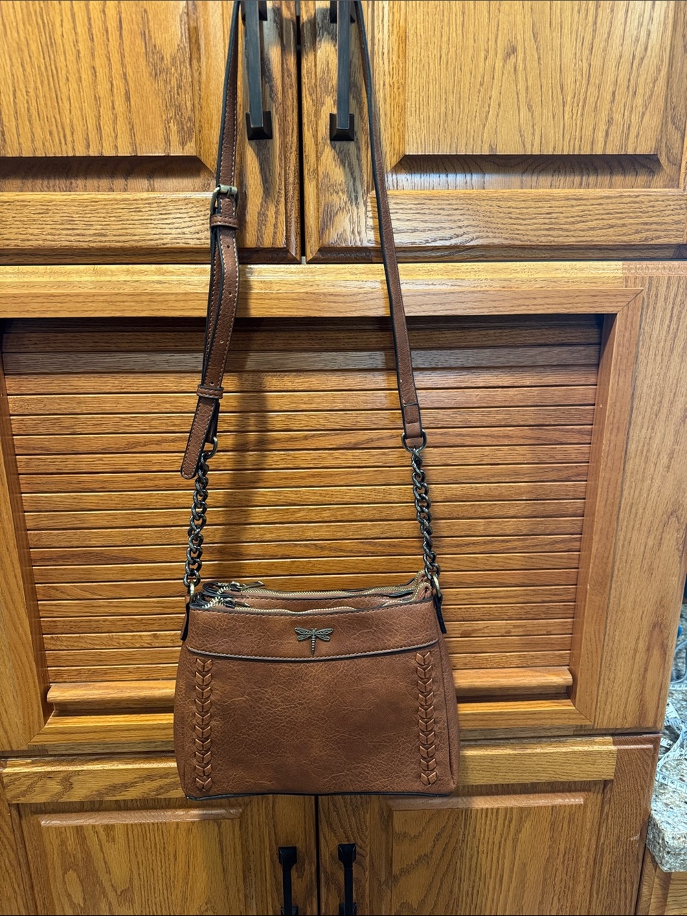 Brown Crossbody Bag with Dragonfly Accent